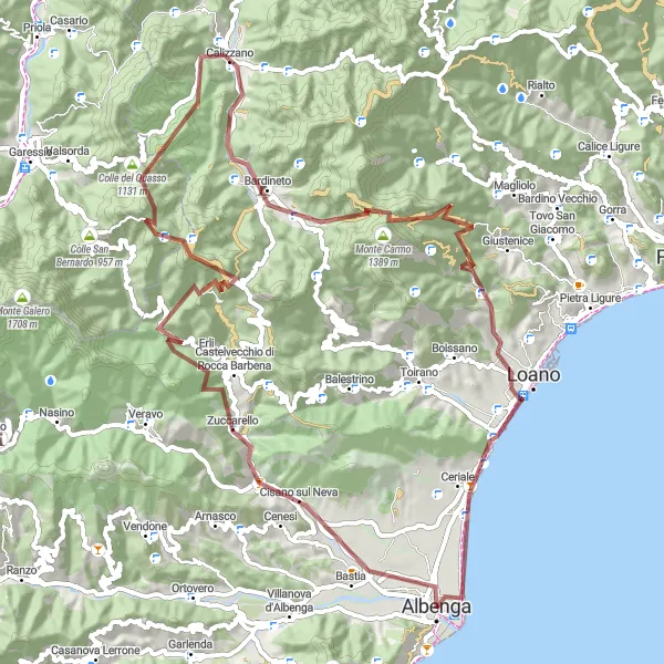 Miniatura della mappa di ispirazione al ciclismo "Avventura Gravel tra Castelli e Colline Liguri" nella regione di Liguria, Italy. Generata da Tarmacs.app, pianificatore di rotte ciclistiche