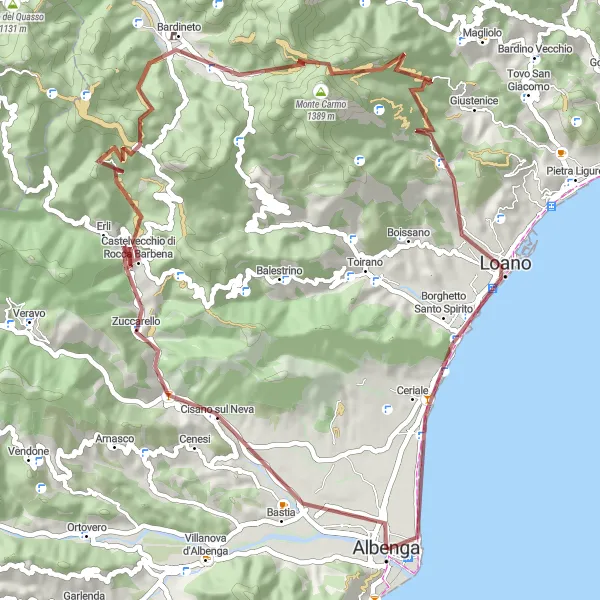 Map miniature of "Loano Off-Road Adventure" cycling inspiration in Liguria, Italy. Generated by Tarmacs.app cycling route planner