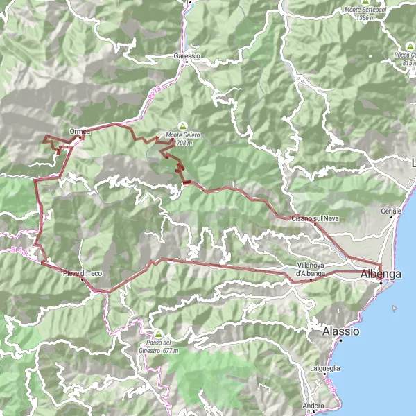 Map miniature of "The Adventurous Gravel Trail" cycling inspiration in Liguria, Italy. Generated by Tarmacs.app cycling route planner