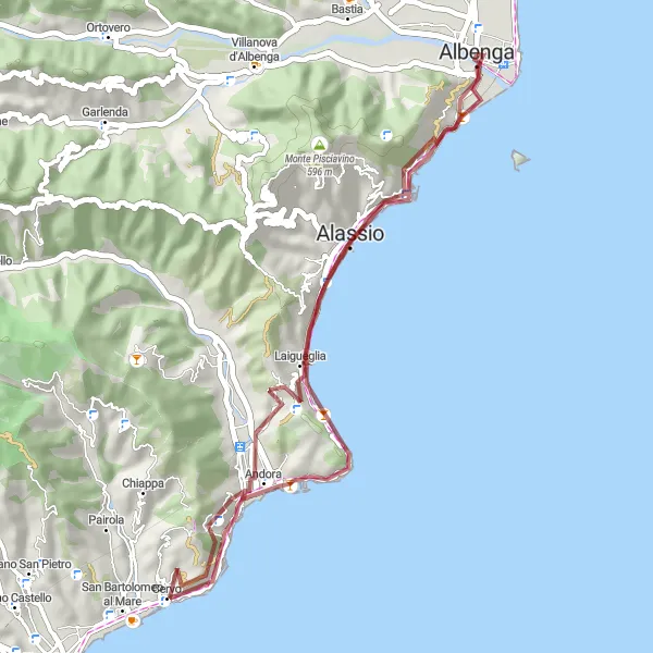 Miniatura della mappa di ispirazione al ciclismo "Periplo in bicicletta tra Albenga e Andora" nella regione di Liguria, Italy. Generata da Tarmacs.app, pianificatore di rotte ciclistiche