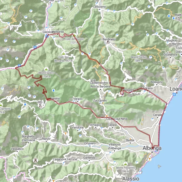 Miniatura della mappa di ispirazione al ciclismo "Tour in mountain bike da Cisano sul Neva a Ceriale" nella regione di Liguria, Italy. Generata da Tarmacs.app, pianificatore di rotte ciclistiche
