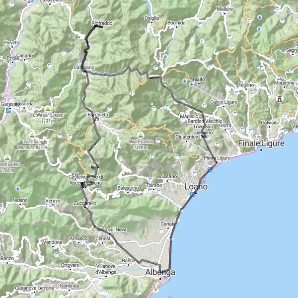 Map miniature of "Albenga to Monte Piccaro Loop" cycling inspiration in Liguria, Italy. Generated by Tarmacs.app cycling route planner