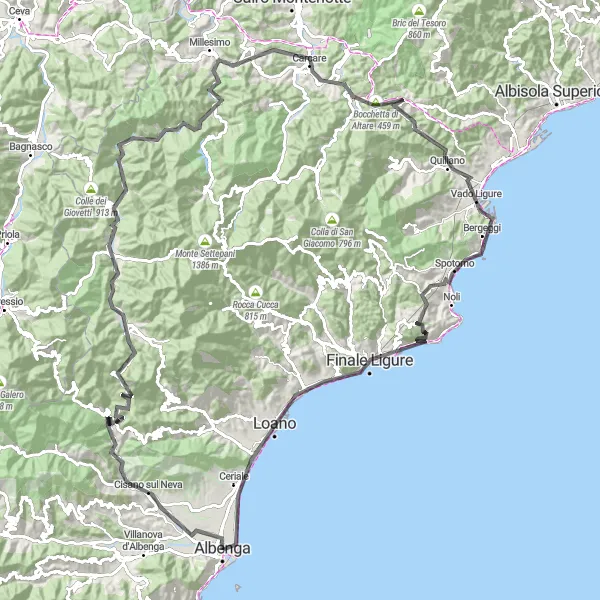Kartminiatyr av "Cykeltur till Bric Groppino och Monte Piccaro" cykelinspiration i Liguria, Italy. Genererad av Tarmacs.app cykelruttplanerare