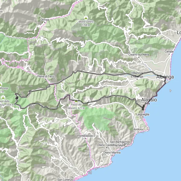 Miniature de la carte de l'inspiration cycliste "Le circuit des sommets ligures" dans la Liguria, Italy. Générée par le planificateur d'itinéraire cycliste Tarmacs.app