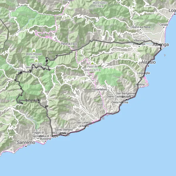 Miniatura della mappa di ispirazione al ciclismo "Epica Avventura su Lunghe Colline Liguri" nella regione di Liguria, Italy. Generata da Tarmacs.app, pianificatore di rotte ciclistiche