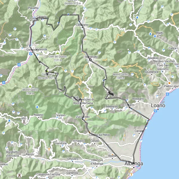 Miniatuurkaart van de fietsinspiratie "Rondrit Albenga - Croce di Conscente - Toirano - Monte Piccaro" in Liguria, Italy. Gemaakt door de Tarmacs.app fietsrouteplanner