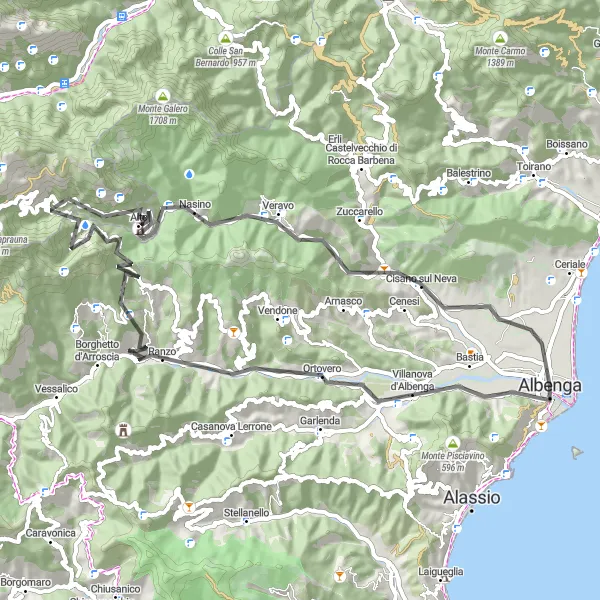 Map miniature of "The Charming Hillside Road Cycling Tour" cycling inspiration in Liguria, Italy. Generated by Tarmacs.app cycling route planner