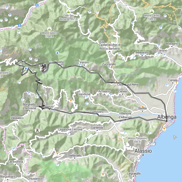 Miniatuurkaart van de fietsinspiratie "Roadtrip Poggio Barbera - Nasino - Rocca Liverna - Salea" in Liguria, Italy. Gemaakt door de Tarmacs.app fietsrouteplanner