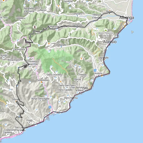 Miniatura della mappa di ispirazione al ciclismo "Giro in bicicletta da Albenga" nella regione di Liguria, Italy. Generata da Tarmacs.app, pianificatore di rotte ciclistiche