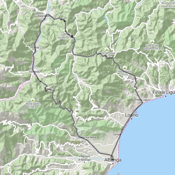 Miniature de la carte de l'inspiration cycliste "Boucle pittoresque de Croce di Conscente à Monte Piccaro" dans la Liguria, Italy. Générée par le planificateur d'itinéraire cycliste Tarmacs.app