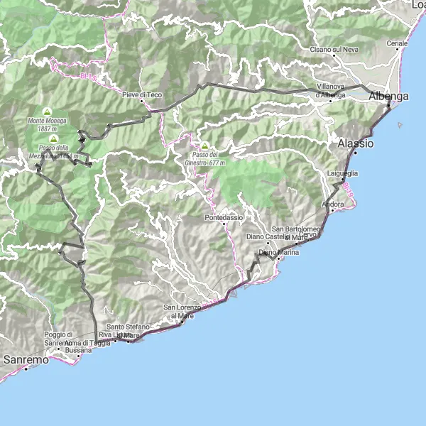 Kartminiatyr av "Kustlinjer av Ligurien" cykelinspiration i Liguria, Italy. Genererad av Tarmacs.app cykelruttplanerare