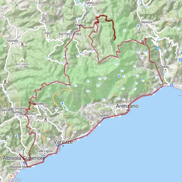 Miniature de la carte de l'inspiration cycliste "Aventure gravel intense autour d'Albisola Marina" dans la Liguria, Italy. Générée par le planificateur d'itinéraire cycliste Tarmacs.app