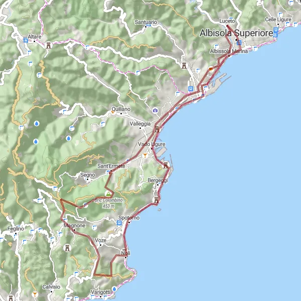 Miniatua del mapa de inspiración ciclista "Ruta de Monte Castellaro y Bric Colombino" en Liguria, Italy. Generado por Tarmacs.app planificador de rutas ciclistas