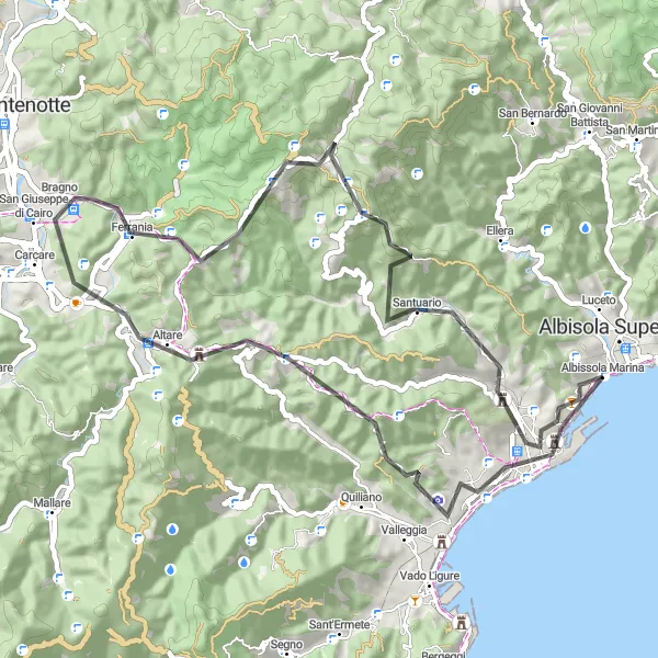 Zemljevid v pomanjšavi "Albissola Marina - Monte Bricazzo" kolesarske inspiracije v Liguria, Italy. Generirano z načrtovalcem kolesarskih poti Tarmacs.app