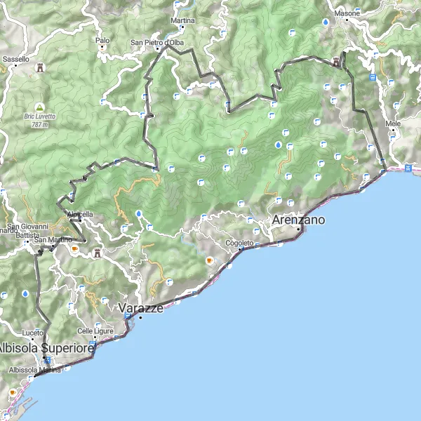 Miniatua del mapa de inspiración ciclista "Ruta de Monte Beigua y Varazze" en Liguria, Italy. Generado por Tarmacs.app planificador de rutas ciclistas