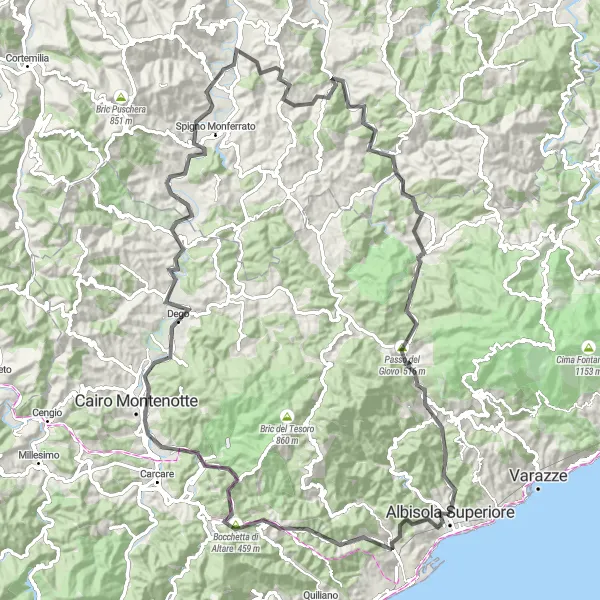 Miniaturní mapa "Road Albisola Superiore to Sassello Adventure" inspirace pro cyklisty v oblasti Liguria, Italy. Vytvořeno pomocí plánovače tras Tarmacs.app
