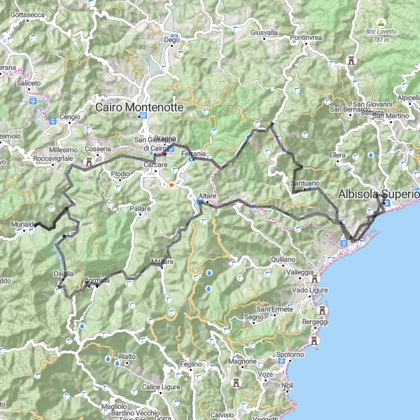 Zemljevid v pomanjšavi "106 km Dolga kolesarska pot okoli Albisole Superiore" kolesarske inspiracije v Liguria, Italy. Generirano z načrtovalcem kolesarskih poti Tarmacs.app