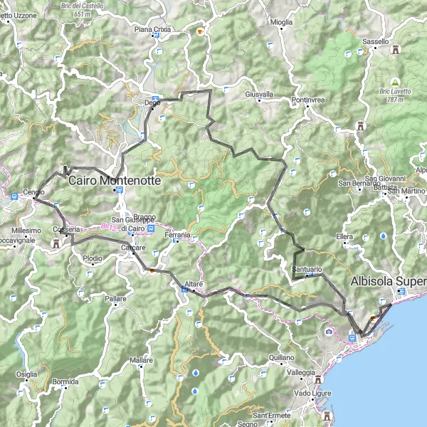 Karten-Miniaturansicht der Radinspiration "Erkundungstour im Hinterland: Maschio - Savona" in Liguria, Italy. Erstellt vom Tarmacs.app-Routenplaner für Radtouren