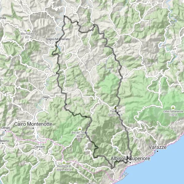 Miniature de la carte de l'inspiration cycliste "L'aventure à Albissola Marina et au-delà" dans la Liguria, Italy. Générée par le planificateur d'itinéraire cycliste Tarmacs.app
