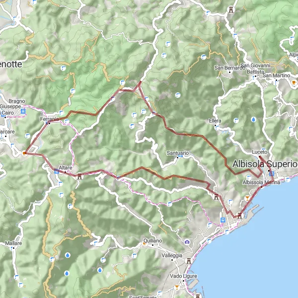 Kartminiatyr av "Grusvei-eventyr fra Albisola Superiore til Luceto" sykkelinspirasjon i Liguria, Italy. Generert av Tarmacs.app sykkelrutoplanlegger