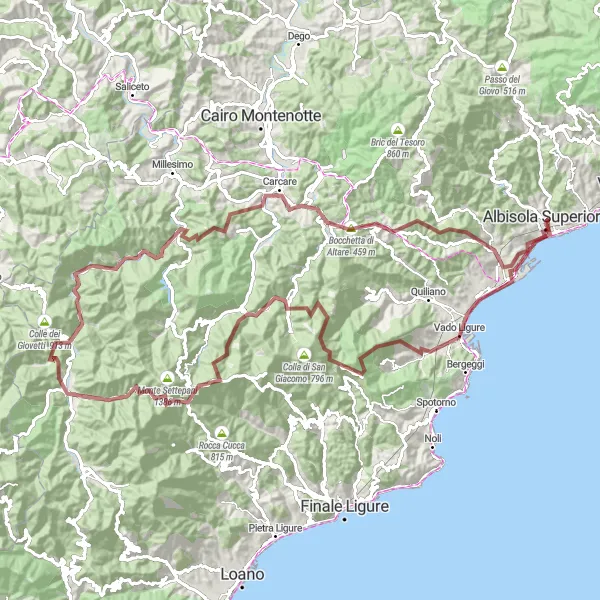 Miniaturní mapa "Gravel Tour through Ligurian Hills" inspirace pro cyklisty v oblasti Liguria, Italy. Vytvořeno pomocí plánovače tras Tarmacs.app