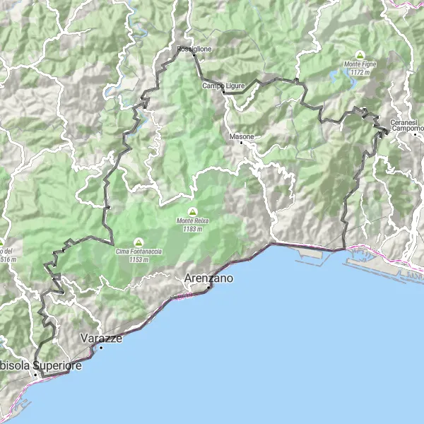 Kartminiatyr av "Krevende reise gjennom Monte Beigua og Celle Ligure" sykkelinspirasjon i Liguria, Italy. Generert av Tarmacs.app sykkelrutoplanlegger
