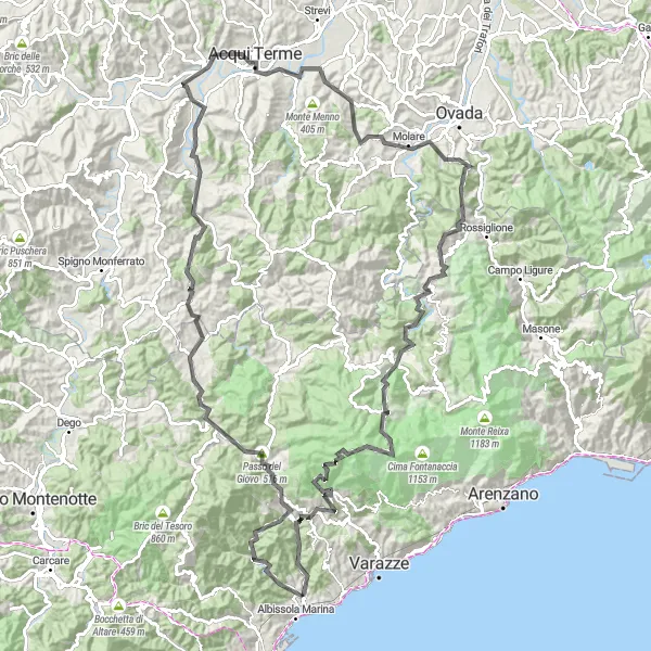 Miniaturní mapa "Cyklotrasa Albisola Superiore - San Martino" inspirace pro cyklisty v oblasti Liguria, Italy. Vytvořeno pomocí plánovače tras Tarmacs.app