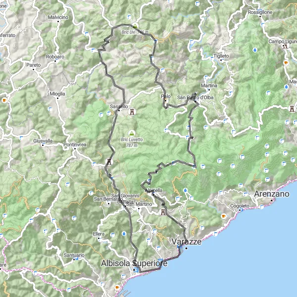 Mapa miniatúra "Albisola Superiore - Monte Castellaro Loop" cyklistická inšpirácia v Liguria, Italy. Vygenerované cyklistickým plánovačom trás Tarmacs.app