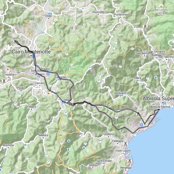 Miniatua del mapa de inspiración ciclista "Ruta en carretera a través de Liguria" en Liguria, Italy. Generado por Tarmacs.app planificador de rutas ciclistas