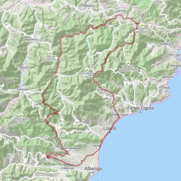 Miniatura della mappa di ispirazione al ciclismo "Gravel da Altare a Bric Dorin" nella regione di Liguria, Italy. Generata da Tarmacs.app, pianificatore di rotte ciclistiche