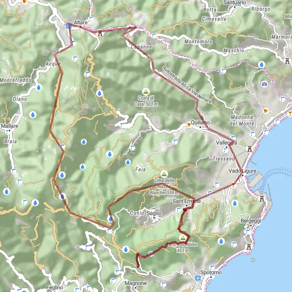 Kartminiatyr av "Utforsk Valle di Vado og omkringliggende landsbyer" sykkelinspirasjon i Liguria, Italy. Generert av Tarmacs.app sykkelrutoplanlegger