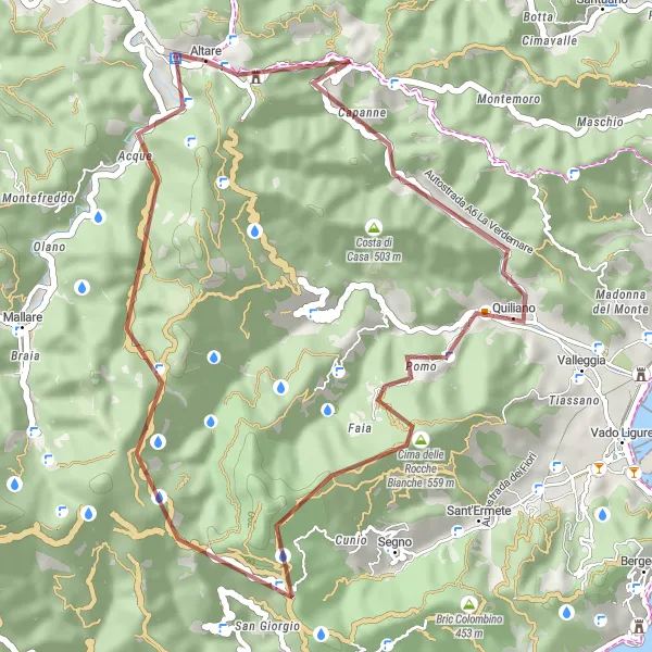 Zemljevid v pomanjšavi "Gravel Route: Altare Loop" kolesarske inspiracije v Liguria, Italy. Generirano z načrtovalcem kolesarskih poti Tarmacs.app