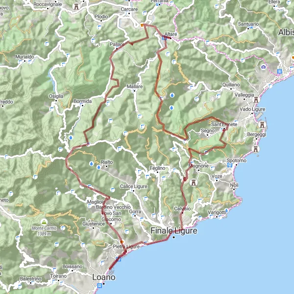Mapa miniatúra "Gravelová trasa cez Ligursko" cyklistická inšpirácia v Liguria, Italy. Vygenerované cyklistickým plánovačom trás Tarmacs.app