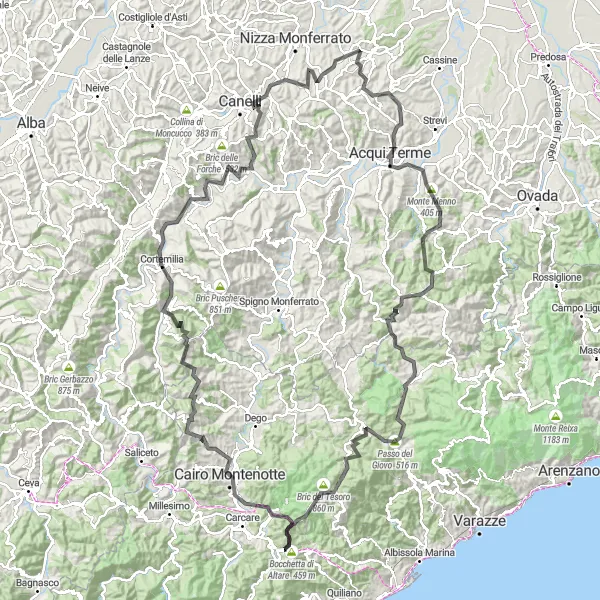Miniatua del mapa de inspiración ciclista "Experiencia en la ruta de Altare a Acqui Terme" en Liguria, Italy. Generado por Tarmacs.app planificador de rutas ciclistas