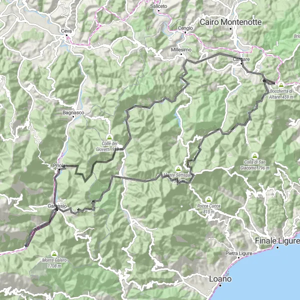 Miniatura della mappa di ispirazione al ciclismo "Road da Altare a Cosseria" nella regione di Liguria, Italy. Generata da Tarmacs.app, pianificatore di rotte ciclistiche