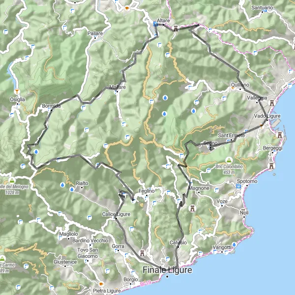 Kartminiatyr av "Vado Ligure och Monte Bracco rundtur" cykelinspiration i Liguria, Italy. Genererad av Tarmacs.app cykelruttplanerare