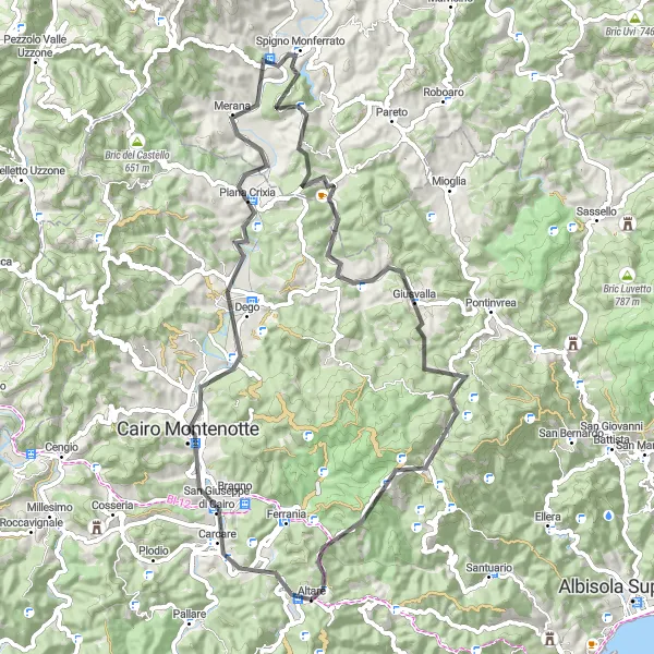Zemljevid v pomanjšavi "Razgibana kolesarska pot blizu Altareja" kolesarske inspiracije v Liguria, Italy. Generirano z načrtovalcem kolesarskih poti Tarmacs.app
