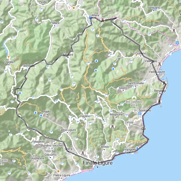 Zemljevid v pomanjšavi "Kolesarjenje po cestah okoli Altare" kolesarske inspiracije v Liguria, Italy. Generirano z načrtovalcem kolesarskih poti Tarmacs.app