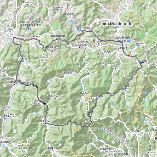 Miniatura della mappa di ispirazione al ciclismo "Scoperta delle Colline Liguri" nella regione di Liguria, Italy. Generata da Tarmacs.app, pianificatore di rotte ciclistiche