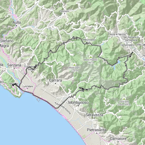 Miniatua del mapa de inspiración ciclista "Ruta de ciclismo de montaña desde Ameglia a Castelnuovo Magra" en Liguria, Italy. Generado por Tarmacs.app planificador de rutas ciclistas