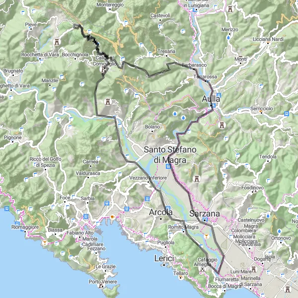 Map miniature of "Exploring Ancient Villages and Coastal Beauty" cycling inspiration in Liguria, Italy. Generated by Tarmacs.app cycling route planner