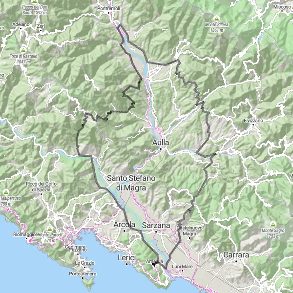 Mapa miniatúra "Cyklistická trasa Ligurský okruh" cyklistická inšpirácia v Liguria, Italy. Vygenerované cyklistickým plánovačom trás Tarmacs.app