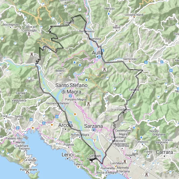 Miniatua del mapa de inspiración ciclista "Aventura a Fosdinovo y San Lazzaro" en Liguria, Italy. Generado por Tarmacs.app planificador de rutas ciclistas