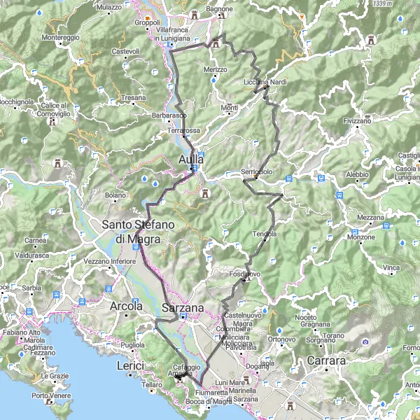 Kartminiatyr av "Sarzana til San Lazzaro syklingstur" sykkelinspirasjon i Liguria, Italy. Generert av Tarmacs.app sykkelrutoplanlegger