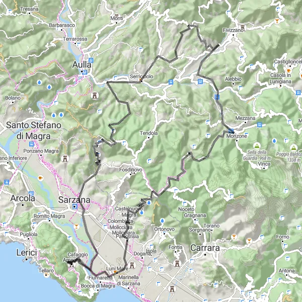 Kartminiatyr av "Sarzana til Luni Mare sykkeltur" sykkelinspirasjon i Liguria, Italy. Generert av Tarmacs.app sykkelrutoplanlegger