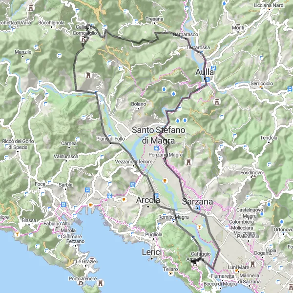 Mapa miniatúra "Cyklotrasa cez Calice al Cornoviglio" cyklistická inšpirácia v Liguria, Italy. Vygenerované cyklistickým plánovačom trás Tarmacs.app