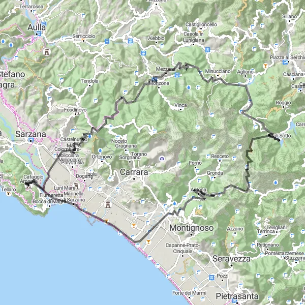 Miniaturní mapa "Kruhová cyklistická trasa blízko Ameglie" inspirace pro cyklisty v oblasti Liguria, Italy. Vytvořeno pomocí plánovače tras Tarmacs.app