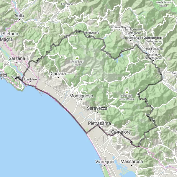 Miniatua del mapa de inspiración ciclista "Ruta de ciclismo de montaña desafiante desde Ameglia" en Liguria, Italy. Generado por Tarmacs.app planificador de rutas ciclistas