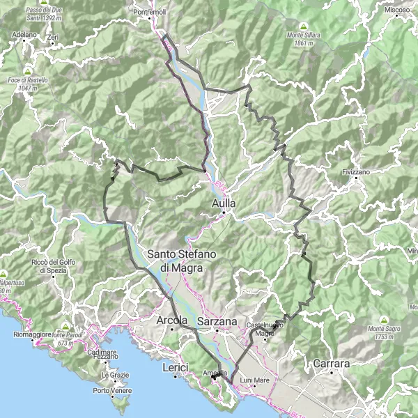 Karten-Miniaturansicht der Radinspiration "Die Bergstraße von Ameglia nach Monte Tomaggiora" in Liguria, Italy. Erstellt vom Tarmacs.app-Routenplaner für Radtouren