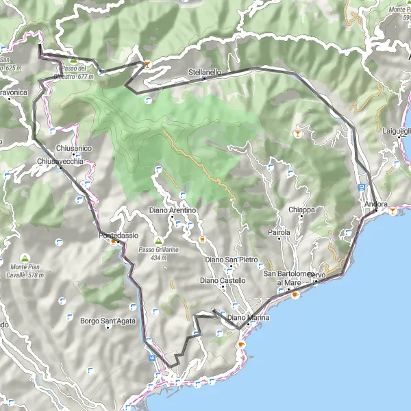 Map miniature of "Andora to Monte Bardellini Loop" cycling inspiration in Liguria, Italy. Generated by Tarmacs.app cycling route planner
